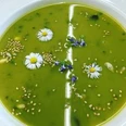 Mittagessen-Beispiel Grüne Kräutersuppe mit Blüten