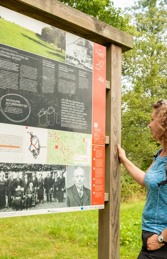 Infotafel am Böllweg Eine Frau betrachtet ein hölzernes Informationsschild in einem grünen Park mit Bäumen im Hintergrund.