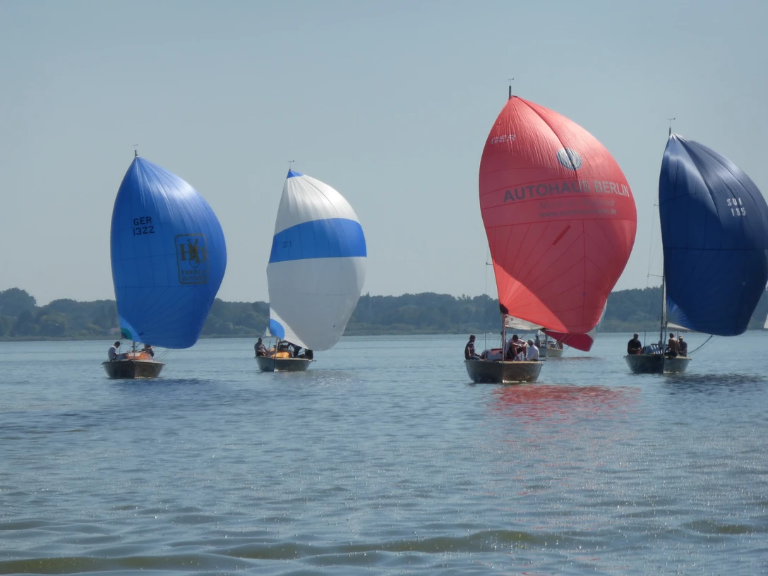 P1000374.JPG Segelboote gleiten mit farbigen Spinnakern über das sonnige Wasser eines Sees in Niedersachsen.