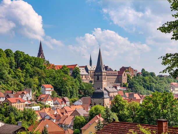 Südansicht Warburg (Ruben Emme) Blick auf die historische Altstadt von Warburg mit Fachwerkhäusern und imposanten Kirchtürmen im Grünen.