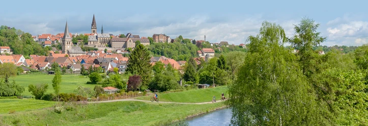 Südansicht Warburg Südansicht der Stadt Warburg mit historischen Gebäuden und Kirchtürmen, umgeben von grüner Landschaft.