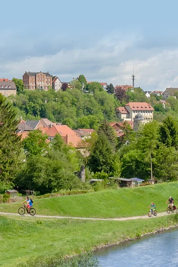 Südansicht Warburg Südansicht der Stadt Warburg mit historischen Gebäuden und Kirchtürmen, umgeben von grüner Landschaft.