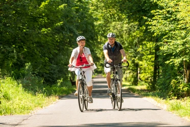 Radfahrer im Bergischen Ein älteres Paar fährt mit Fahrrädern lächelnd auf einem von Bäumen gesäumten Radweg.