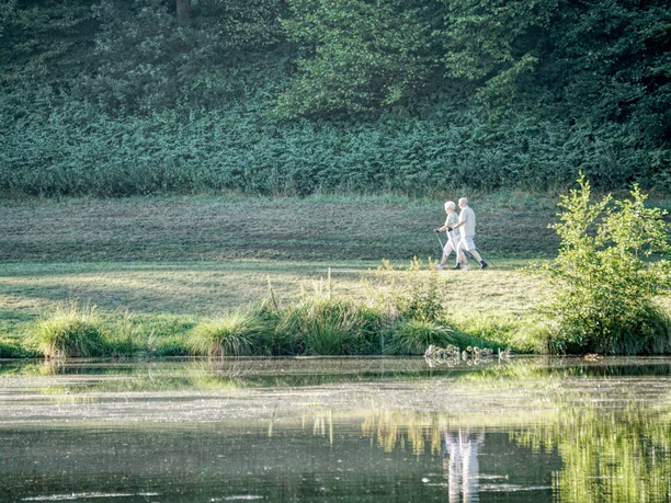 wander-um-den-lopausee-amelinghausen Ein älteres Paar beim Nordic Walking am grasbewachsenen Ufer des Lopausees vor grünem Waldhintergrund.