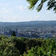 Blick vom Lousberg auf die Stadtlandschaft von Aachen, umrahmt von dichtem Grün.