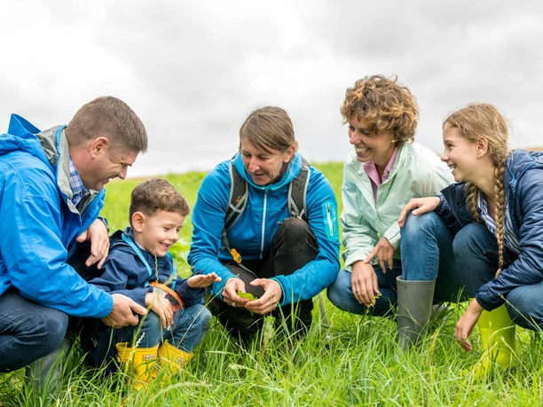 Natur entdecken mit den Naturentdeckern aus Wülfrath Familiengruppe erkundet gemeinsam eine grüne Wiese, alle lächeln und tragen wetterfeste Kleidung.