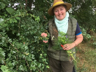 Kräuterwanderung mit Marianne Radtke Marianne Radtke hält stolz eine Auswahl an frischen Kräutern, umgeben von üppigem Grün in der Natur.