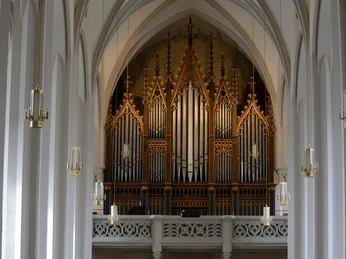 Kirchenraum der St. Aegidien Kirche Oschatz mit Jehmlich-Orgel - Orgeln in der Leipzig Region Im Kirchenraum der St. Aegidien-Kirche Oschatz wird die Jehmlich-Orgel stimmungsvoll angestrahlt, Leipzig Region, Ausflug, Musik