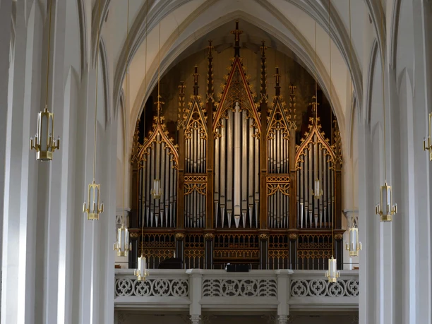 Kirchenraum der St. Aegidien Kirche Oschatz mit Jehmlich-Orgel - Orgeln in der Leipzig Region Im Kirchenraum der St. Aegidien-Kirche Oschatz wird die Jehmlich-Orgel stimmungsvoll angestrahlt, Leipzig Region, Ausflug, Musik