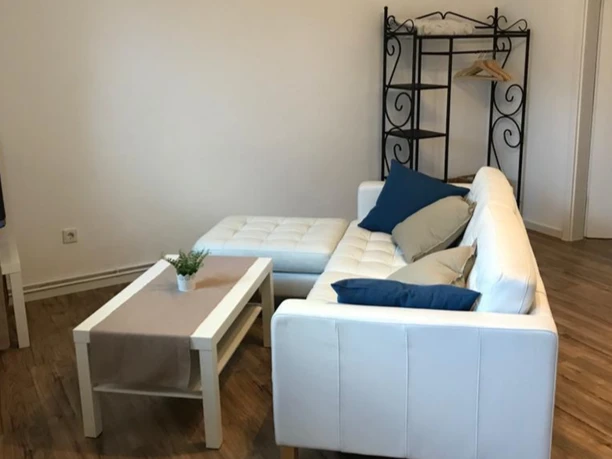 Impressie van de woonkamer in de vakantiewoning Hof Ehrichs met bank, tafel en flatscreen TV