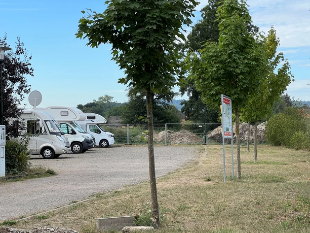 Wohnmobilstellplatz Rehburg Wohnmobilstellplatz mit mehreren geparkten Wohnmobilen, flankiert von Bäumen und umgeben von Natur.