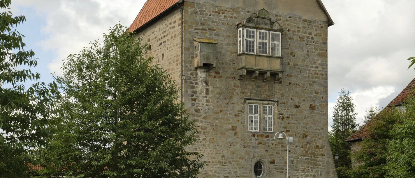 Schloss Sachsenhagen Schloss Sachsenhagen aus Bruchsteinen mit Erkerturm, umgeben von grünen Bäumen und gepflegter Anlage.