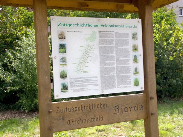 Erlebniswald Bierde Informationsschild des zeitgeschichtlichen Erlebniswaldes Bierde, umgeben von grüner Natur.