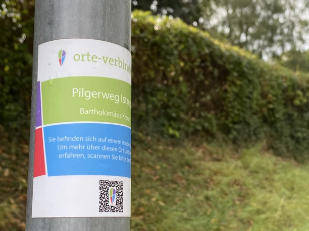 Istruper-Pilgerweg Wegweiser mit grün-blauen Informationen zum Istruper-Pilgerweg vor einer Hecke und Bäumen.