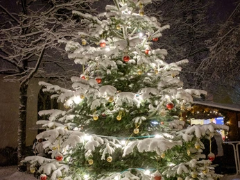 Ein festlich geschmückter Weihnachtsbaum mit roten und goldenen Kugeln, umhüllt von Schneeflocken.