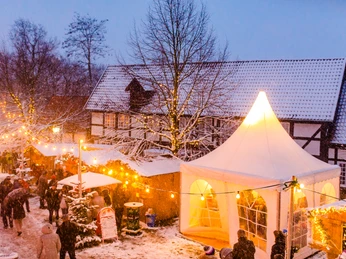 Weihnachtsmarkt in Stemwede-Levern bei Schneefall, mit Lichtern, Ständen und einem weißen Zelt.
