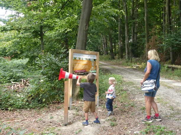 Auf der Familienvariante des Paderborner Höhenwegs Zwei Kinder und eine Erwachsene betrachten ein Info-Schild auf einem bewaldeten Wanderweg im Grünen.