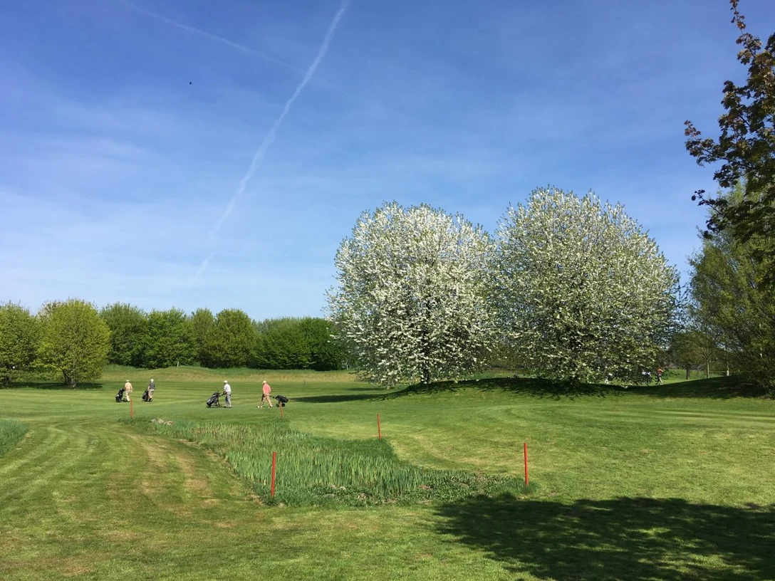 Golfclub Am Katzberg in Langenfeld Grüne Golfanlage mit reifenden Bäumen und Spaziergängern auf gepflegtem Rasen unter blauem Himmel.