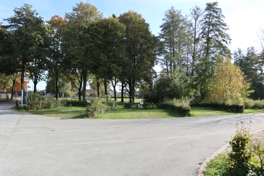 Ein kleiner, grüner Park mit hohen Bäumen und einem asphaltierten Weg unter klarem, blauem Himmel.