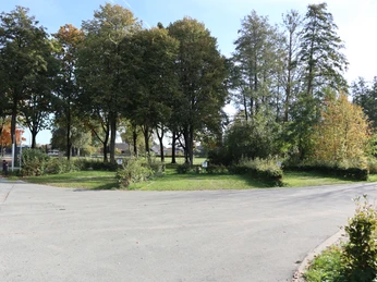 Ein kleiner, grüner Park mit hohen Bäumen und einem asphaltierten Weg unter klarem, blauem Himmel.