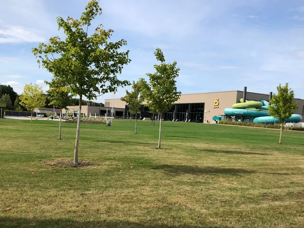Balneon Ein modernes Freizeitbad mit großer grüner Liegewiese und blauer Rutsche im Hintergrund.