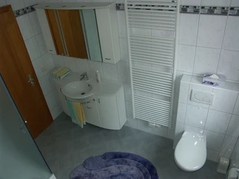 Modernes Badezimmer mit weiß gefliesten Wänden, Waschbecken, WC, Spiegel und einer weichen, lila Badematte.