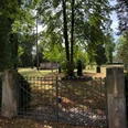 Alter Friedhof Neustadt Eingezäunter Friedhof umgeben von hohen Bäumen; Grabsteine verstreut, herbstliches Laub auf dem Boden.