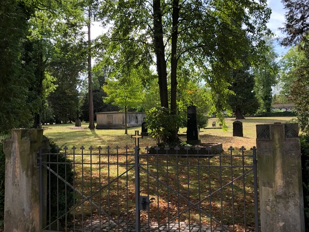 Alter Friedhof Neustadt Eingezäunter Friedhof umgeben von hohen Bäumen; Grabsteine verstreut, herbstliches Laub auf dem Boden.