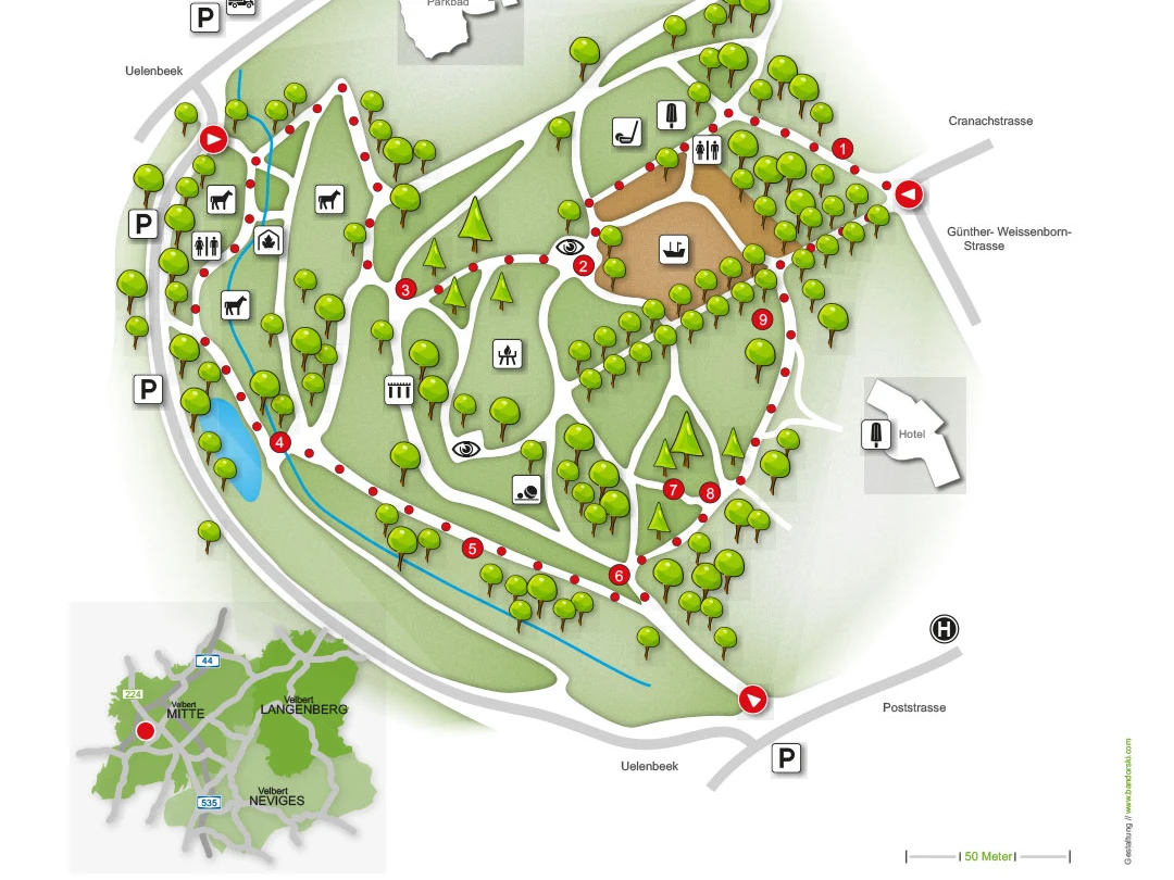 Parkkarte Herminghauspark in Velbert Der Herminghauspark in Velbert zeigt eine detaillierte Parkkarte mit Wegekennzeichnungen und Einrichtungen.