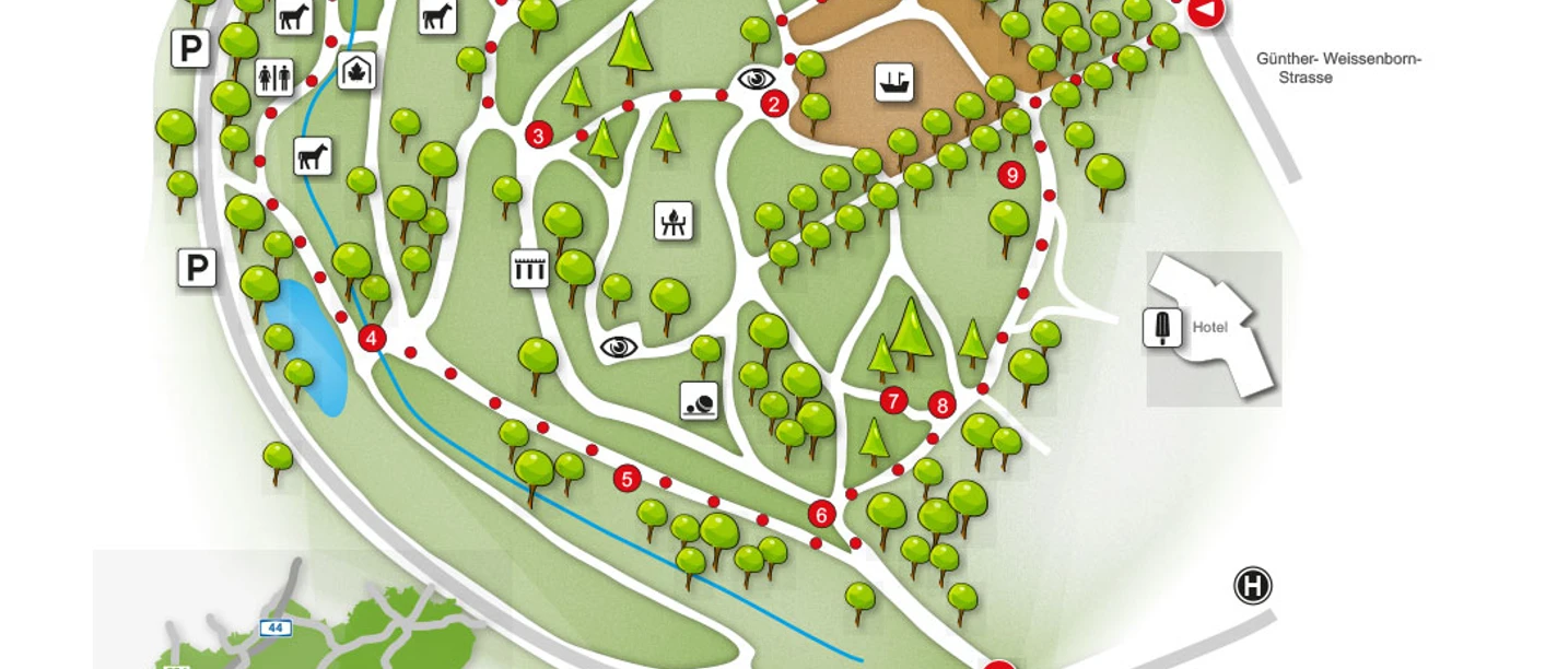 Parkkarte Herminghauspark in Velbert Der Herminghauspark in Velbert zeigt eine detaillierte Parkkarte mit Wegekennzeichnungen und Einrichtungen.