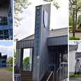 20180422-Beverungen Stadthalle Collage-013.jpg Mehrteilige Ansicht der modernen Stadthalle Beverungen mit markanter Architektur und grünem Umfeld.