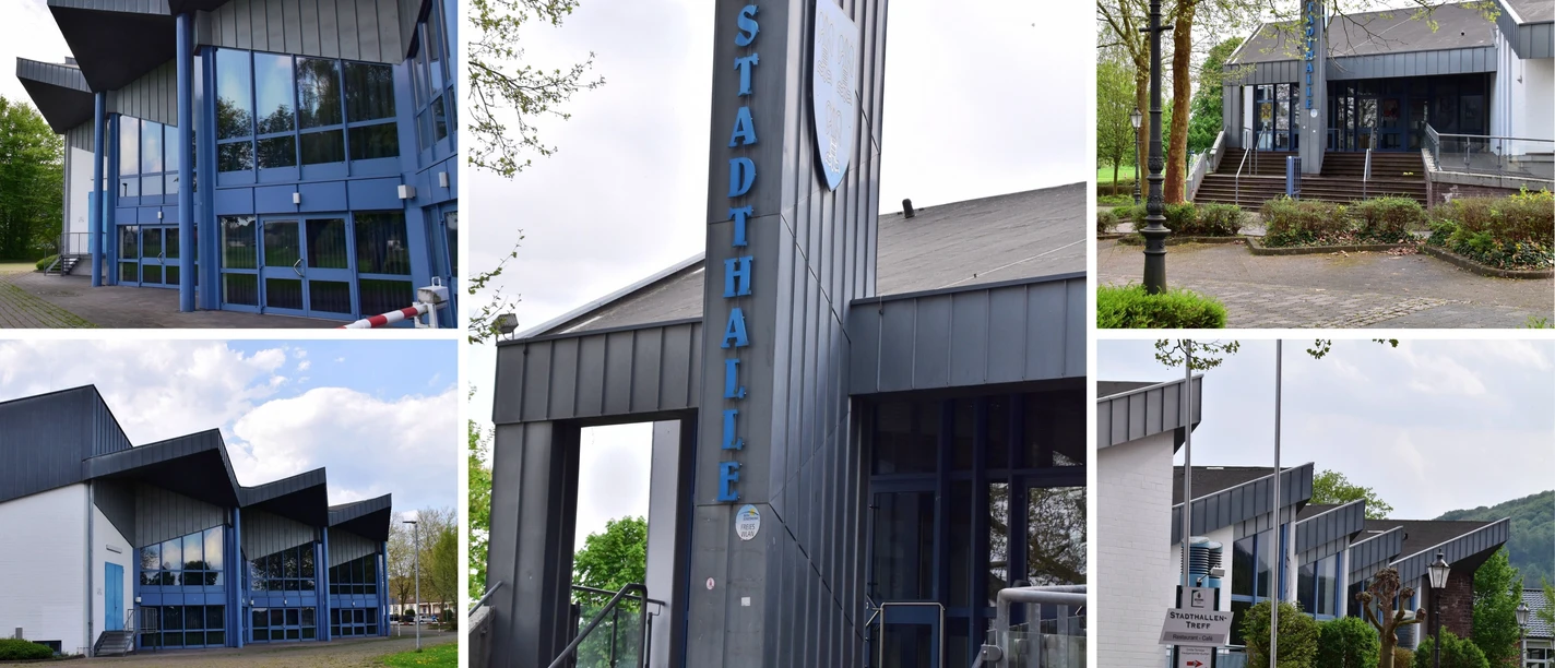20180422-Beverungen Stadthalle Collage-013.jpg Mehrteilige Ansicht der modernen Stadthalle Beverungen mit markanter Architektur und grünem Umfeld.