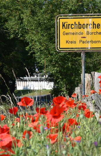 landlicher Ortseingang.JPG Ortseingangsschild von Kirchborchen, umgeben von leuchtend roten Mohnblumen und grüner Natur.
