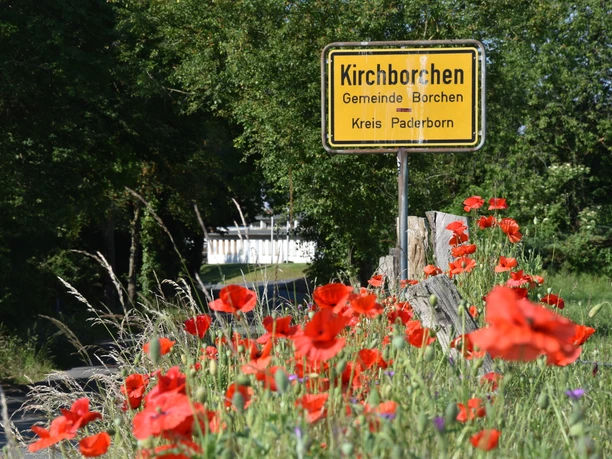 landlicher Ortseingang.JPG Ortseingangsschild von Kirchborchen, umgeben von leuchtend roten Mohnblumen und grüner Natur.