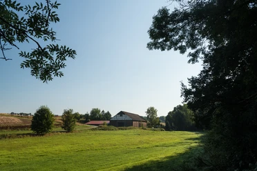 Schwarzbachtal in Ratingen Ein weitläufiges grünes Feld im Schwarzbachtal, begrenzt von Bäumen, mit einem Bauernhof im Hintergrund.