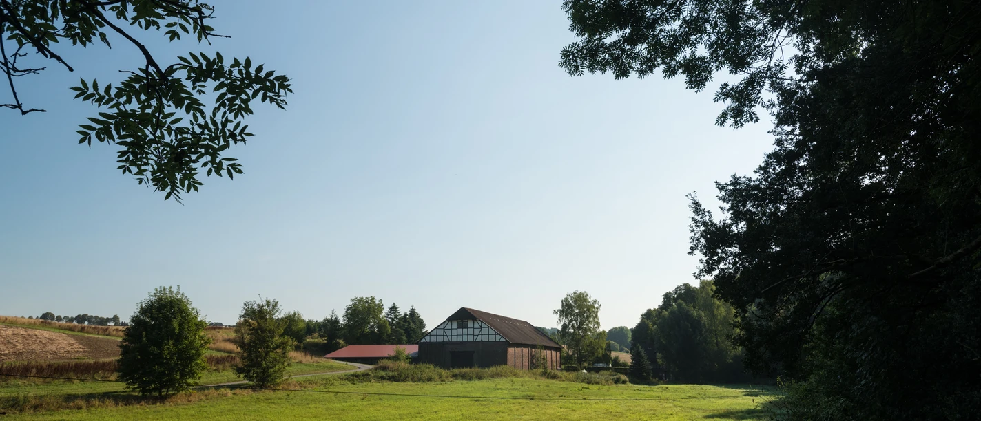 Schwarzbachtal in Ratingen Ein weitläufiges grünes Feld im Schwarzbachtal, begrenzt von Bäumen, mit einem Bauernhof im Hintergrund.