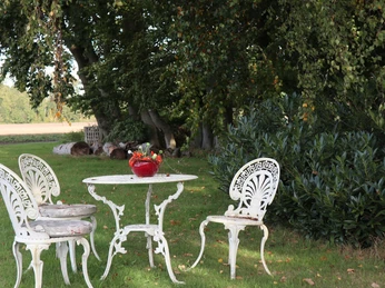 Sitzgruppe Weiße Gartenmöbel auf grüner Wiese, umgeben von Bäumen und Sträuchern, laden zum Verweilen ein.
