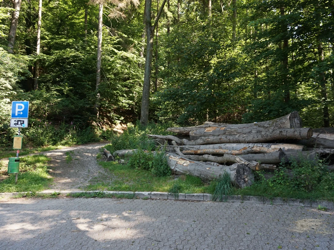 Wohnmobilstellplatz Nizzabad in Velbert Wohnmobilstellplatz am Waldrand mit gefällten Baumstämmen, ein beschilderter Parkplatz ist vorhanden.