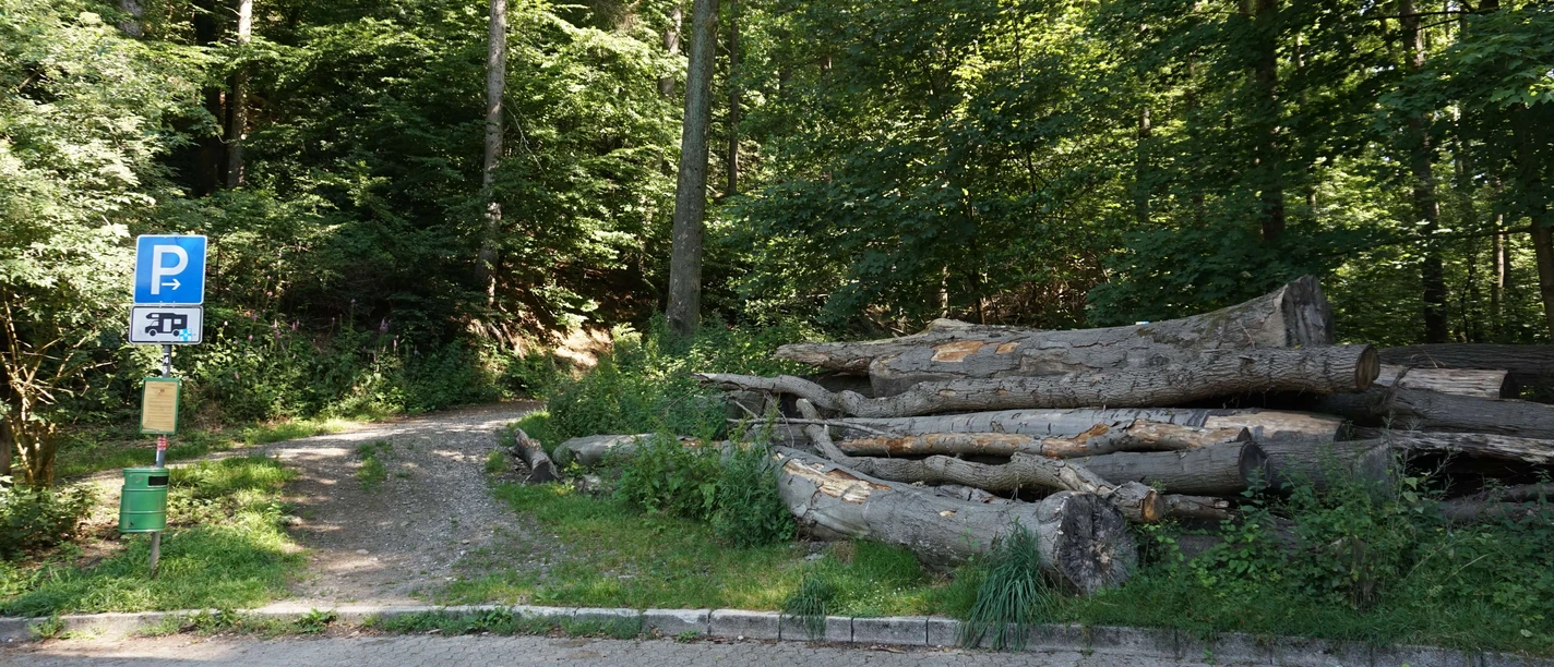Wohnmobilstellplatz Nizzabad in Velbert Wohnmobilstellplatz am Waldrand mit gefällten Baumstämmen, ein beschilderter Parkplatz ist vorhanden.