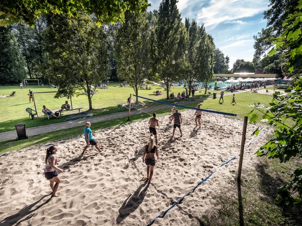 Mehrere Personen spielen Beachvolleyball auf einem Sandfeld in einem grünen Park bei sonnigem Wetter.