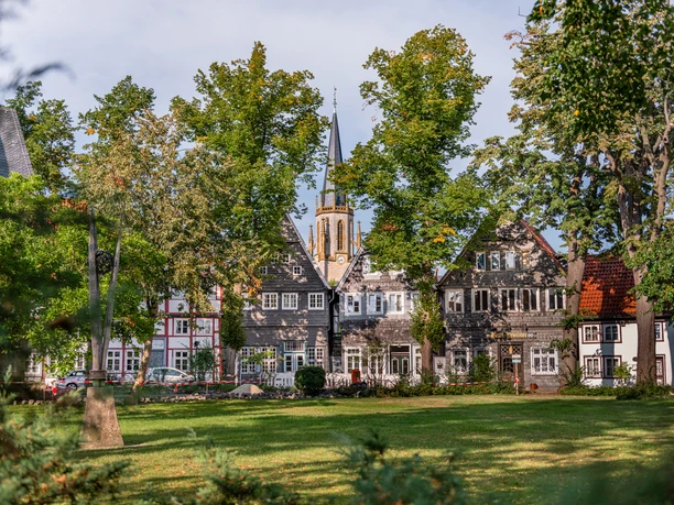 Historische Fachwerkhäuser und eine Kirche mit Turm inmitten grüner Bäume und einer gepflegten Rasenfläche.