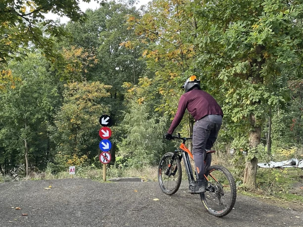 Bikepark-Abfahrt mit einem Mountainbiker, umgeben von herbstlichen Bäumen und Wegweisern.