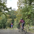 Bikepark Abfahrt Bikepark-Abfahrt mit einem Mountainbiker, umgeben von herbstlichen Bäumen und Wegweisern.