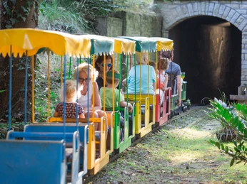 Freizeitpark_Sommerrodelbahn_OldtimerExpress_02.JPG Eine Gruppe von Familien fährt in bunten Wagen einer Miniatureisenbahn in einen Tunnel im Freizeitpark.