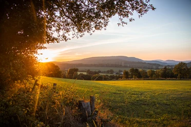 Rischenau_Sonnenuntergang.jpg Weite Wiesen mit vereinzelten Bäumen bei Sonnenuntergang, sanfte Hügel im Hintergrund.