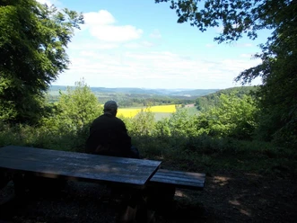 Ein Besucher sitzt auf einer Bank mit Blick auf eine weite Landschaft mit grünen Hügeln und gelben Feldern.