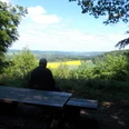 Melcher´s Ruh.jpg Ein Besucher sitzt auf einer Bank mit Blick auf eine weite Landschaft mit grünen Hügeln und gelben Feldern.