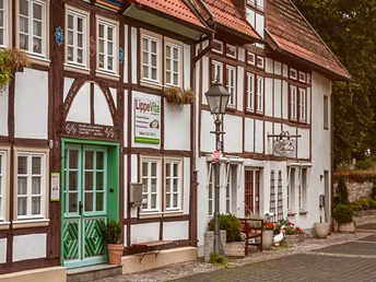 Fachwerkhäuser in einer ruhigen Straße mit Blumenkästen an den Fenstern und einem kopfsteingepflasterten Gehweg.