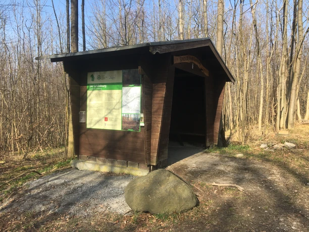Schutzhütte Schildberg Holzhütte mit überdachtem Eingang und Informationstafel, umgeben von kahl wirkenden Bäumen.