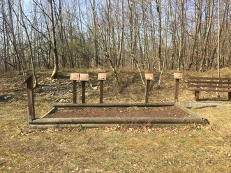 Wer springt wie weit? Spielbereich im Freien mit fünf Holztäfelchen und einer Plattform, umgeben von Bäumen im Wald.